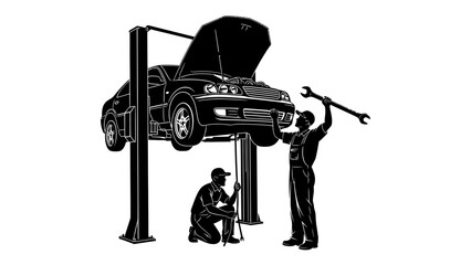 Automobile repair shop with two mechanics working on a car hoisted on a lift