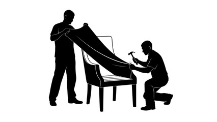 Two men in silhouette working on reupholstering a chair, one holding fabric, the other hammering