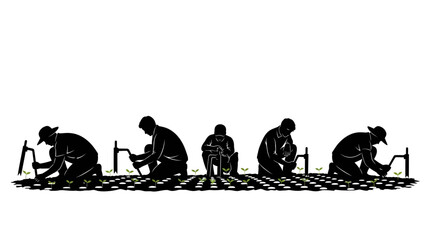 Farmers working in the fields planting seedlings in a silhouette illustration