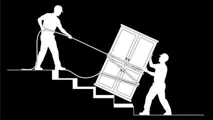 Obraz premium Two people struggling to move a large cabinet up a steep staircase using a rope