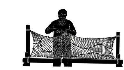 Fisherman Mending Fishing Net with Hands, Traditional Craftsmanship Silhouette