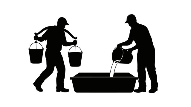 Two people working together carrying water in buckets and pouring it into a tub, representing teamwork and cooperation