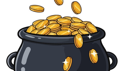 An overflowing black cauldron filled with a hoard of shiny gold coins, symbolizing wealth, success, and abundance © irfan