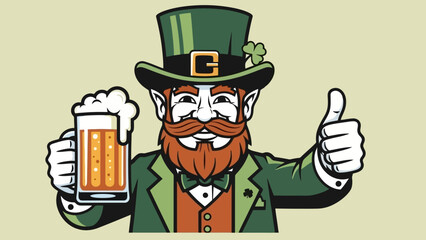 Jolly emerald isle character raising a frothy green beverage in a celebratory gesture, embodying festive cheer and traditional Irish folklore with a friendly thumbs up