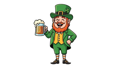 Cheerful cartoon leprechaun in a green top hat holding a mug of foamy beer and giving a thumbs-up for a celebration
