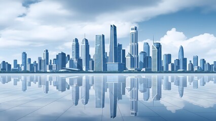 Modern Cityscape Reflection Against a Cloudy Blue Sky Backdrop Illustration