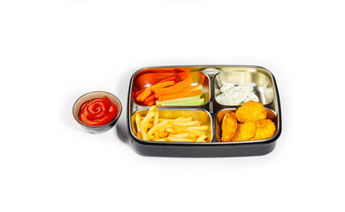 Kids' Lunch Box with Chicken Nuggets, French Fries, Fresh Veggie Sticks, and Dips on White Background