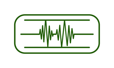 Green line art icon representing an audio waveform or seismic activity displayed within a rounded rectangular frame, isolated on
