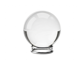 A clear glass crystal ball resting on a small, reflective metal stand, isolated on transparent background for a clean, professional presentation