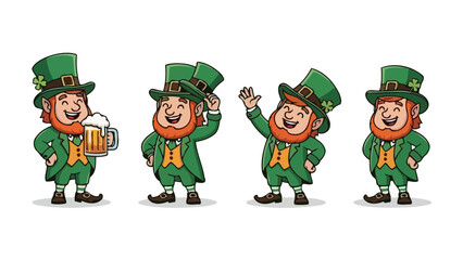 A collection of cheerful cartoon leprechaun characters in various poses, perfect for St. Patrick's Day festive designs and celebrations