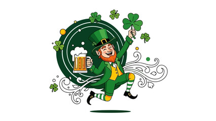 Joyful leprechaun character jumping with a mug of beer and a clover for a festive Irish holiday celebration