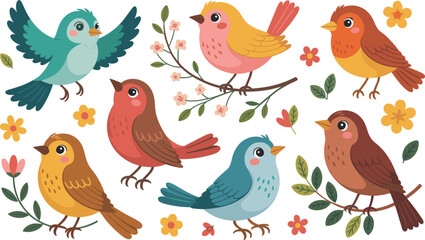 Fototapeta premium Cartoon birds, colorful feathers, whimsical nature scene, floral elements, playful wildlife, decorative branches, vector illustration, cheerful design, spring garden, vibrant composition