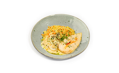 Grilled Chicken Breast with Creamy Mushroom Sauce and Pearl Barley Pilaf in a Rustic Ceramic Bowl