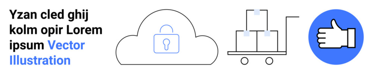 Cloud data safety, e-commerce, delivery services, user satisfaction, logistics, online transactions. A secured cloud, boxes on a cart and a thumbs-up symbol. Cloud safety and e-commerce theme