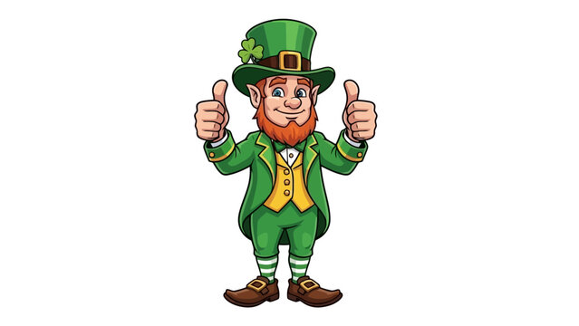 Vector illustration of a cheerful leprechaun mascot from Irish folklore, celebrating St. Patrick's Day with a thumbs up gesture