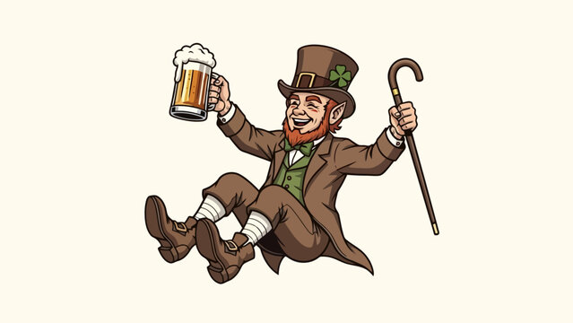 Jovial Irish leprechaun cartoon character celebrating with a frothy mug of beer and a lucky shamrock top hat, embodying festive holiday cheer