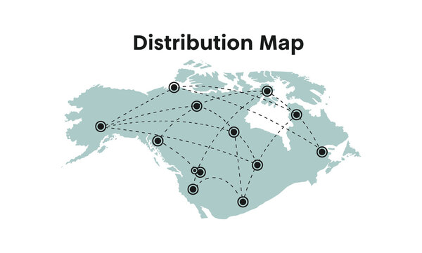 Distribution map showing network connections and points across north america, illustrating logistics, supply chain, or telecommunication routes isolated on