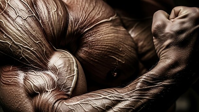 Close-up of muscular biceps flexing detail