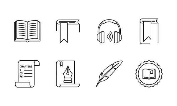 Set of eight black and white line art icons related to reading, writing, literature, and audio book concept isolated on