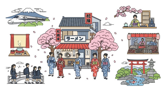 Experience vibrant Japanese culture with kimono-clad women, delicious ramen, and serene landscapes in this delightful illustration of Japan's charm