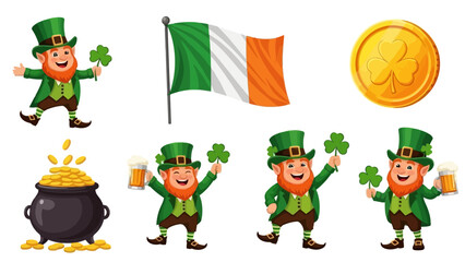 Joyful Irish celebration elements Cartoon leprechauns, lucky shamrocks, pots of gold, and the national flag, perfect for festive holiday designs and cultural event graphics
