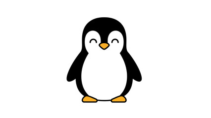 Fototapeta premium A cute and happy cartoon penguin with closed eyes and a smiling expression, standing on a white background.