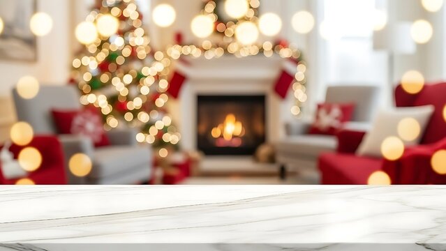 Clean white marble tabletop with soft-focus Christmas living room backdrop, ideal for winter product mockups and festive marketing visuals.
