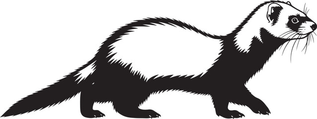 Black and white ferret illustration, a clean graphic vector of the mustelid animal in a walking pose on a pure background.
