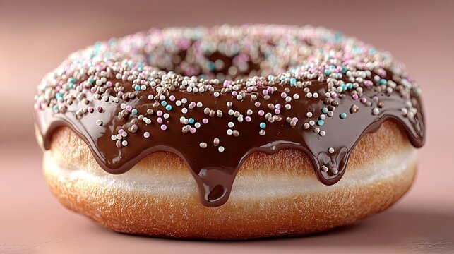 "Photorealistic close-up of a chocolate donut, glossy textures and soft shadows, macro perspective for bakery, dessert, or culinary projects.