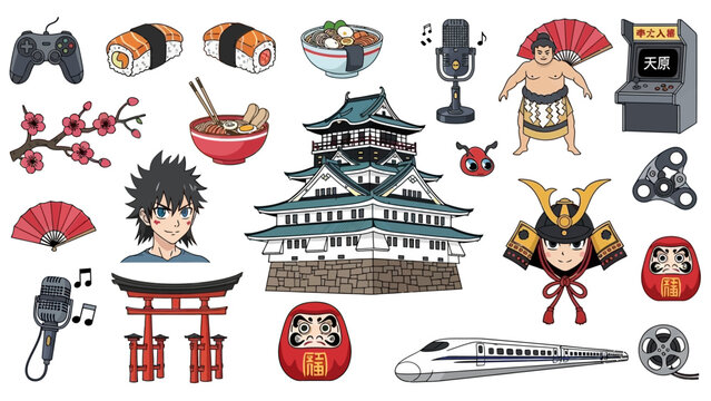 Experience Japan's vibrant culture with sumo wrestlers, sushi, ramen, and anime characters in this kawaii collection of Japanese icons