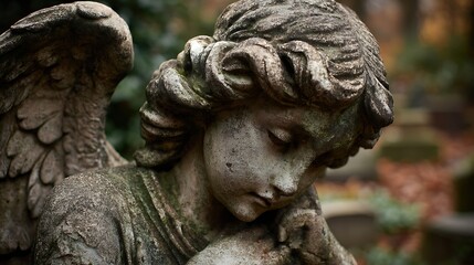 Obraz premium Close-up of a weathered angel statue with detailed features.