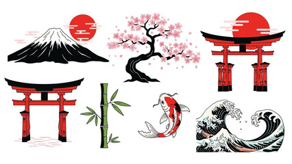 Discover Japan's iconic symbols with this vibrant collection featuring Mount Fuji, cherry blossoms, koi fish, and torii gates for a touch of zen