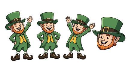 Vibrant vector illustrations of a friendly leprechaun character striking various joyful poses, perfect for Irish folklore and festive holiday designs
