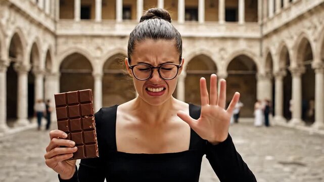 Hilarious reaction as woman tastes incredibly bitter chocolate in a beautiful courtyard, creating humorous content for social media or advertisements, with funny facial expression