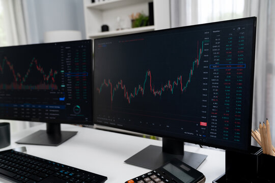 Two screens of dynamic stock market exchange graph showing on computer. Automatically trading sell or buy profit on time application investment on financial technology updated on software. Infobahn.