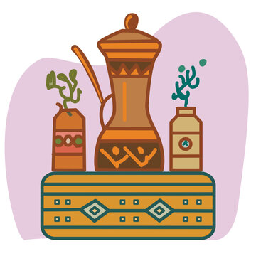 Vector illustration of a Arab coffee pot with two plants Boho Style