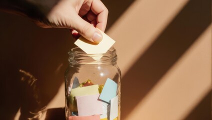 Hand dropping a note into a glass jar filled with notes.