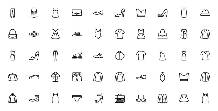 Fashion Elements icon set. Vector clothing collectio. Includes jeans, skirt, dess, bag, shoe, heels, shit, swimsuit, sweater and mre. Editable thin line stye.