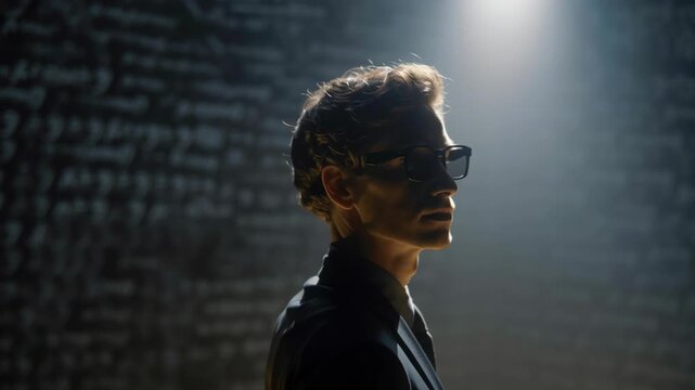 Man thinking person male profile silhouette dark studio with backlight, tech glasses reflect glow, contemplative pose facing wall of code, modern style, reflective mood, solitary figure