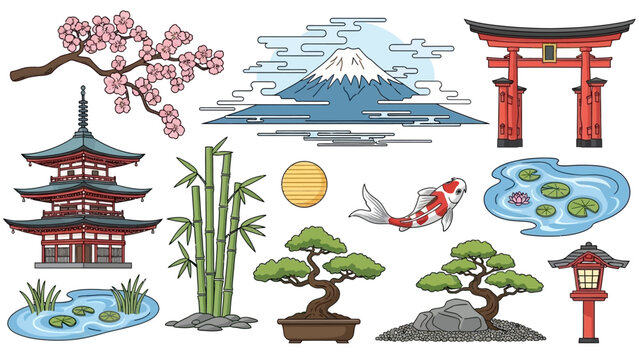 Explore the wonders of Japan with this gorgeous design featuring Mount Fuji, cherry blossoms, koi fish, and traditional architecture for your next project