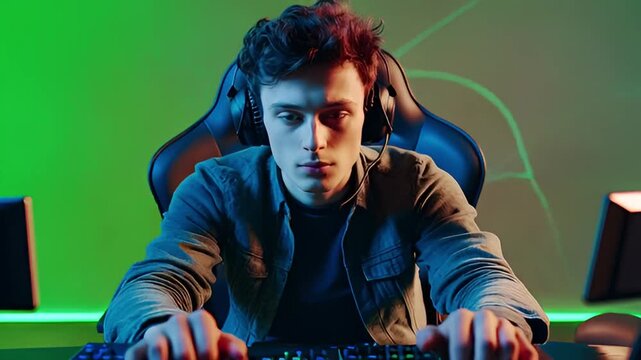 Focused Gamer Competing in a Vibrant Setup