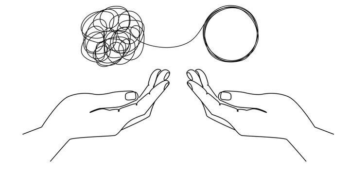 Continuous one line drawing of mental health concept. Unravels bad mental health.Chaotically tangled line and untied knot in form of circle eps 10