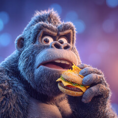 Gorilla eating cheeseburger with lettuce and tomato colorful light
