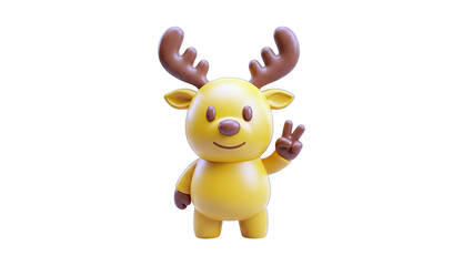 Cute Yellow Cartoon Reindeer Character with Antlers and Peace Sign Hand Gesture on Transparent Background
