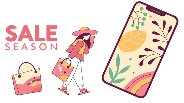 Stylish seasonal sale promotion featuring shopping woman, bags, and floral phone design for advertising, marketing, and retail campaigns. Get yours today! - Powered by Adobe