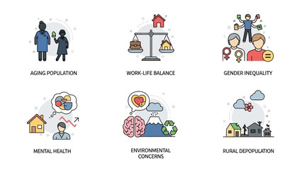 Addressing social issues with vector icons covering aging, work life balance, gender inequality, mental health, environment and rural depopulation