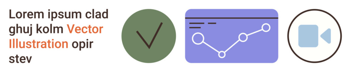 Data analysis, multimedia creation, digital marketing, project management, online tutorials, communication tools. Circular checkmark, graph with points and video camera icon. Data analysis