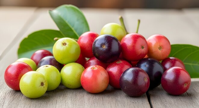 Fresh colorful Governors plums on a wooden table.