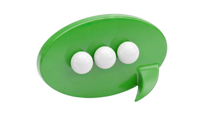 Glossy Green Speech Bubble Icon with Three White Spheres Inside on a Transparent Background Vibrant Communication Symbol