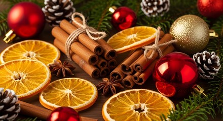 Festive Christmas arrangement with cinnamon sticks, dried orange slices, pine branches, ornaments, and pinecones.